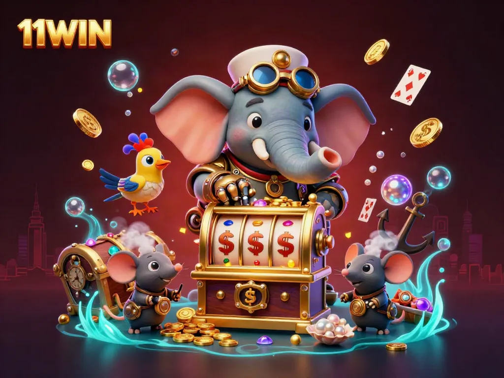 Experience the vibrant energy of 11WIN with a steampunk elephant and slot machine under an underwater scene.