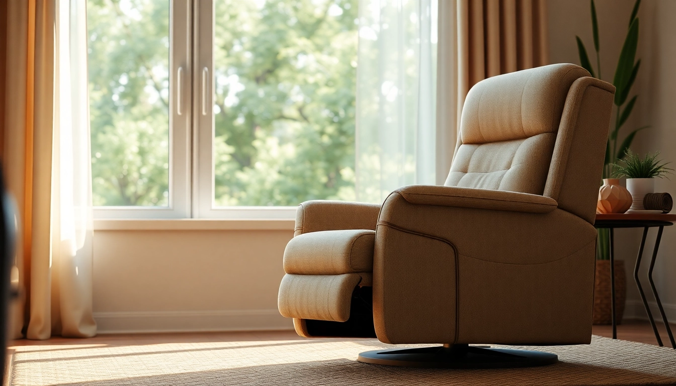 Comfortable lift chair recliner in a modern living room setting with natural light and greenery.