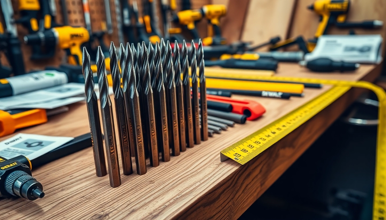 DeWalt drill bits showcased on a workbench, emphasizing their precision and durability.