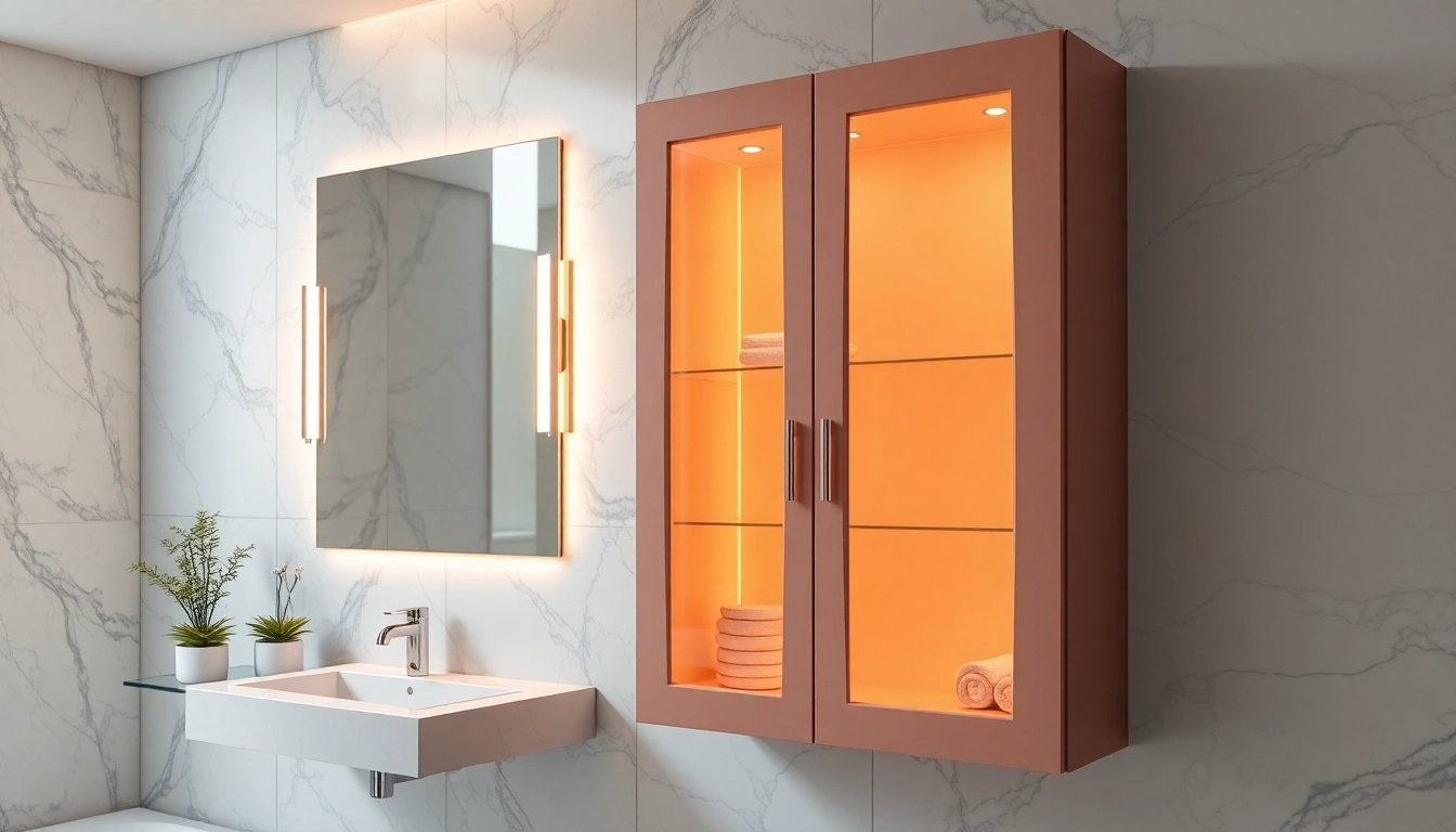 Explore illuminated bathroom cabinets reflecting elegance and modern style, enhancing any bathroom space.