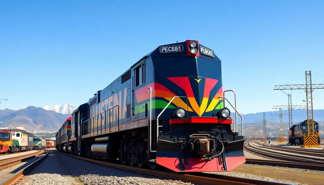 North American rail solutions showcased in a vibrant locomotive amid a busy rail yard.