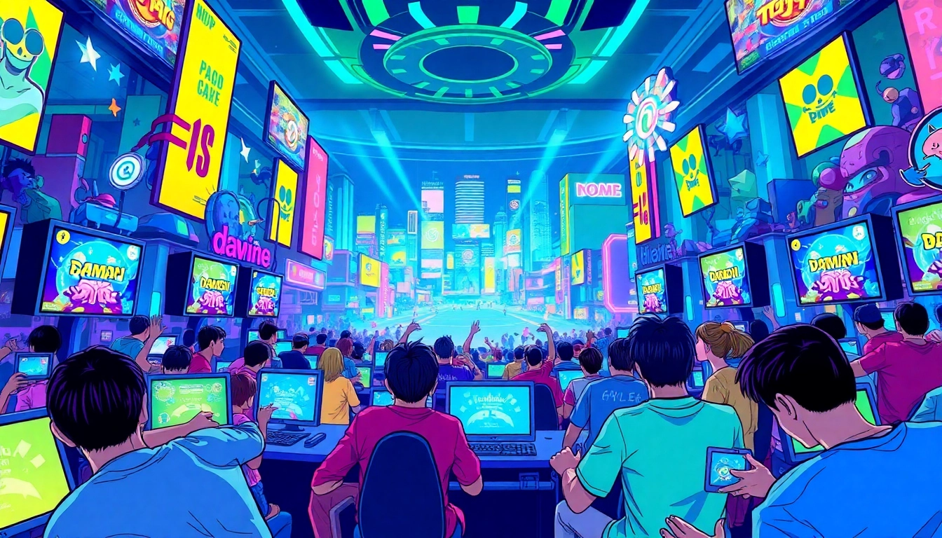 Players enjoying daman games in a colorful digital gaming arena, showcasing excitement and engagement.