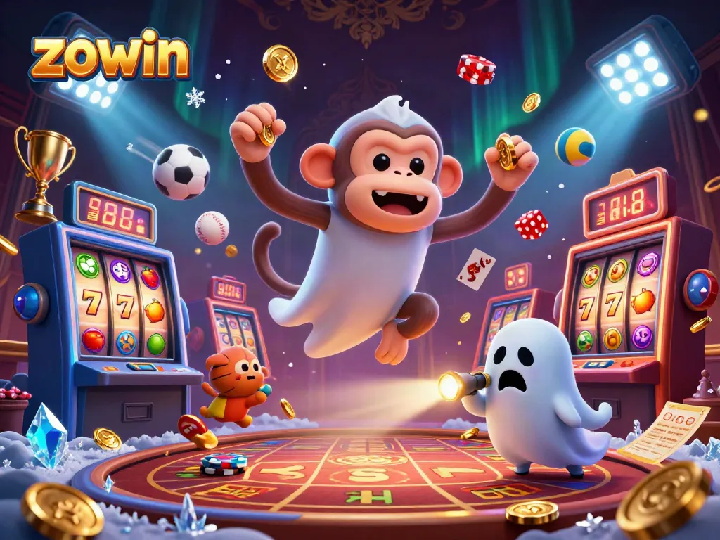 Zowin's captivating casino scene with a playful monkey and ghost-hunter puppy amidst vibrant gaming elements.