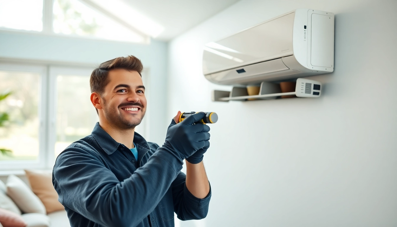 Install a mini split ac unit in a cozy room, showcasing a technician at work with a sleek design.