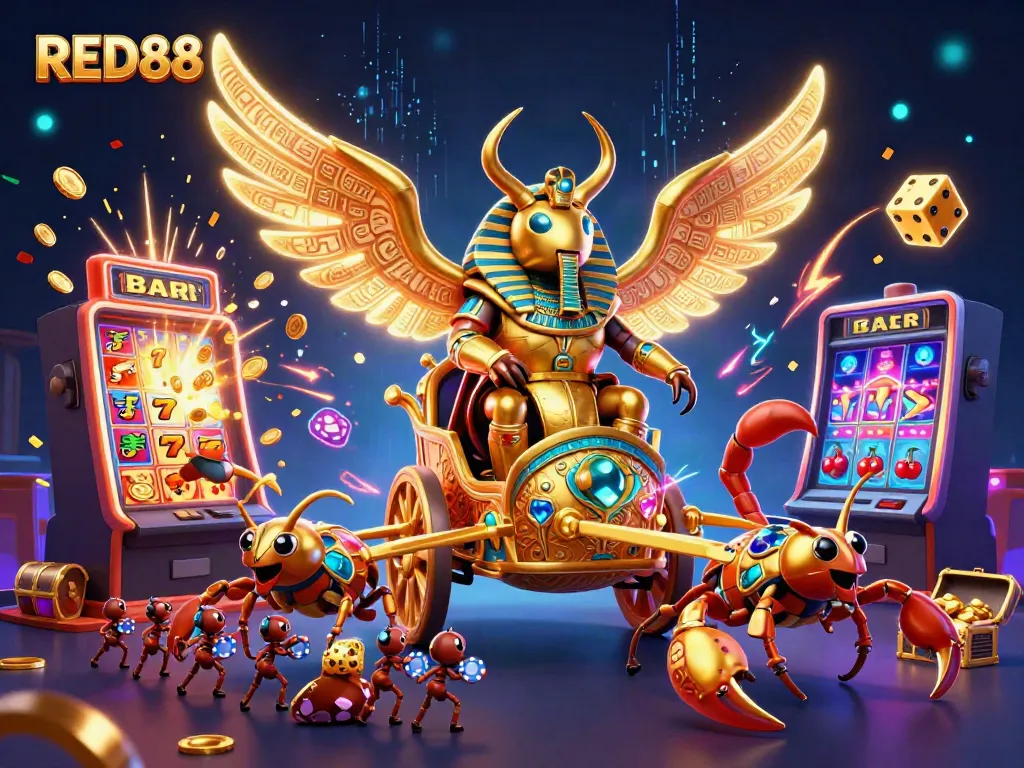 Experience thrilling moments at RED88 casino with vibrant slot machines and dynamic characters.