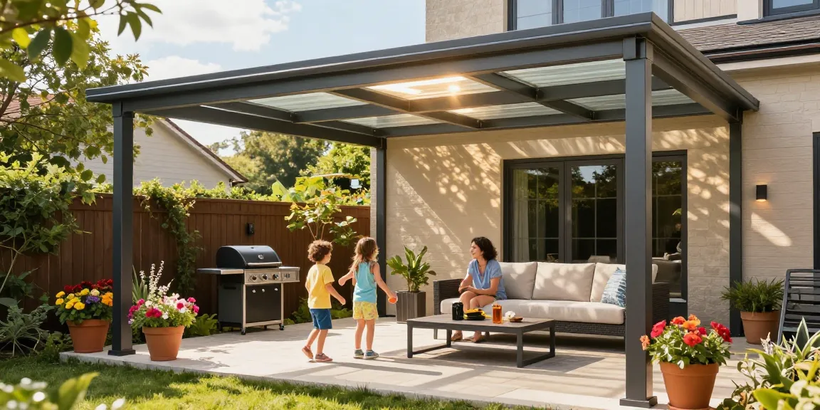 Moderne Terrassenüberdachung schützt Familie an sonnigem Nachmittag auf der Terrasse.
