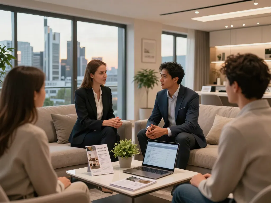 Bester Immobilienmakler Frankfurt präsentiert moderne Wohnung mit lichtdurchflutetem Wohnzimmer und engagiertem Agenten.