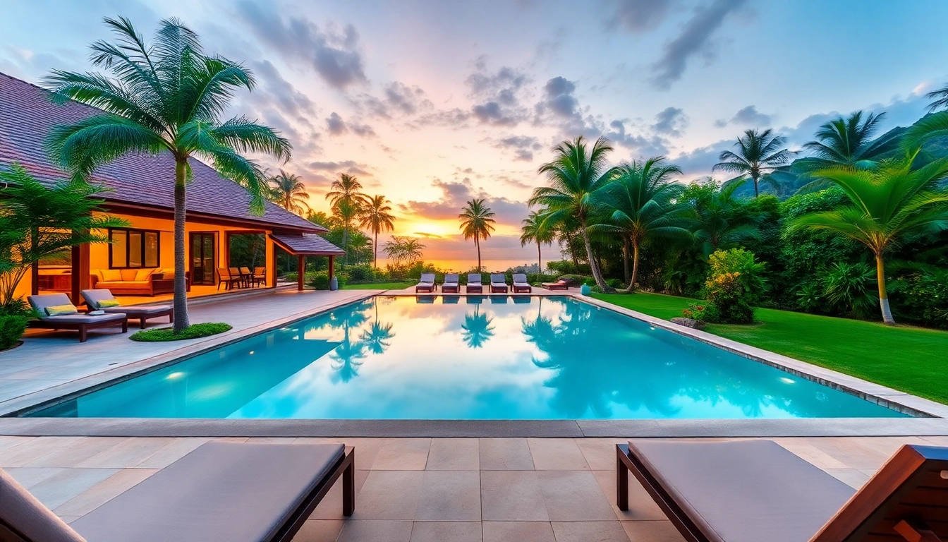 Villa management phuket services enhancing a luxurious villa experience with stunning landscaping and inviting ambiance.