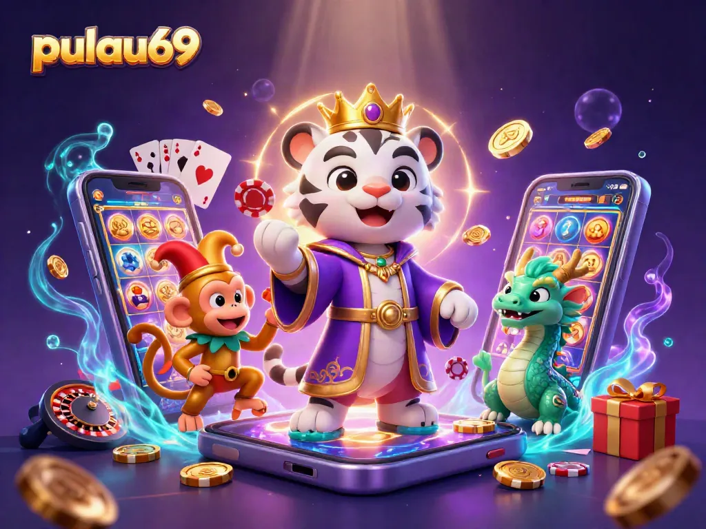 Engage with pulau69 through a vibrant 3D casino illustration featuring game elements and whimsical characters.