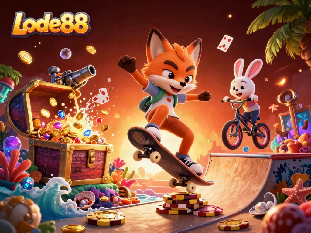 Lode88 engaging gameplay illustrated with characters performing tricks above golden poker chips in a vibrant casino-themed scene