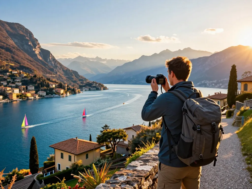 Reisender genießt Gardasee Reisetipps beim Wandern entlang der malerischen Ufer des Gardasees während des Sonnenuntergangs.