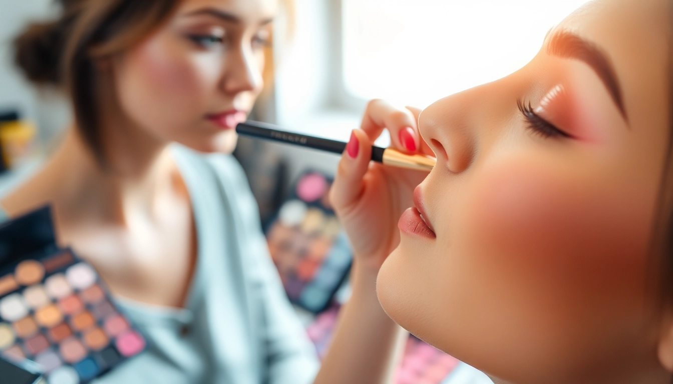 Applying eyeshadow with an angled makeup brush, capturing precise strokes and vibrant palettes.