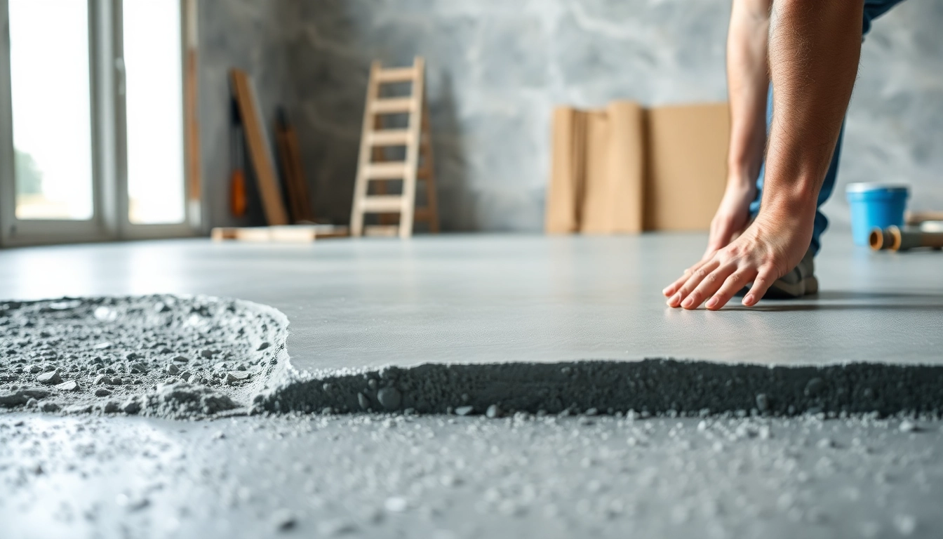Concrete Leveling process with a contractor expertly smoothing the surface in a professional setting.