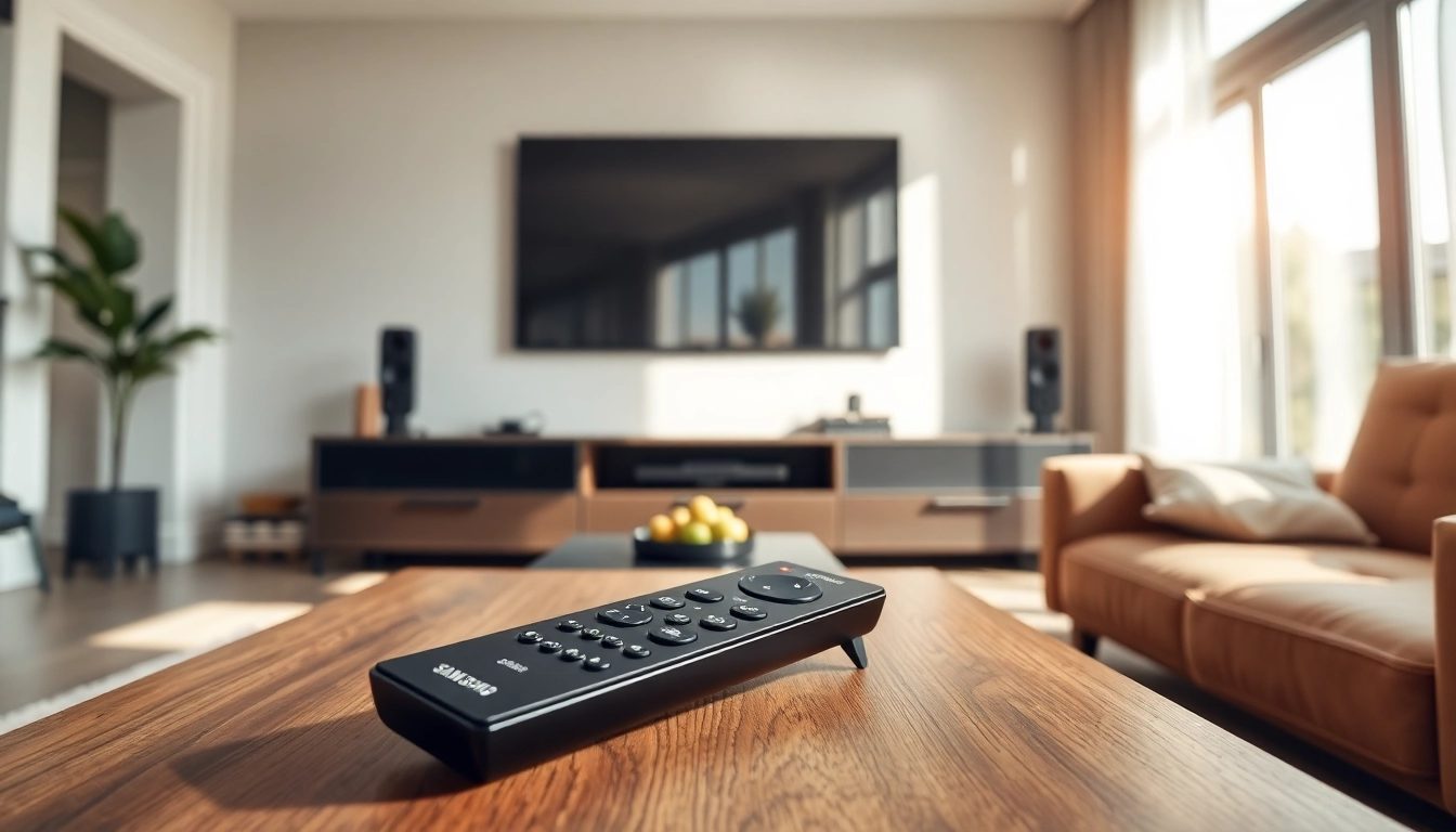 Aktion mit dem Samsung Frame TV remote LSD3 auf einem stilvollen Tisch für TV-Zubehör.