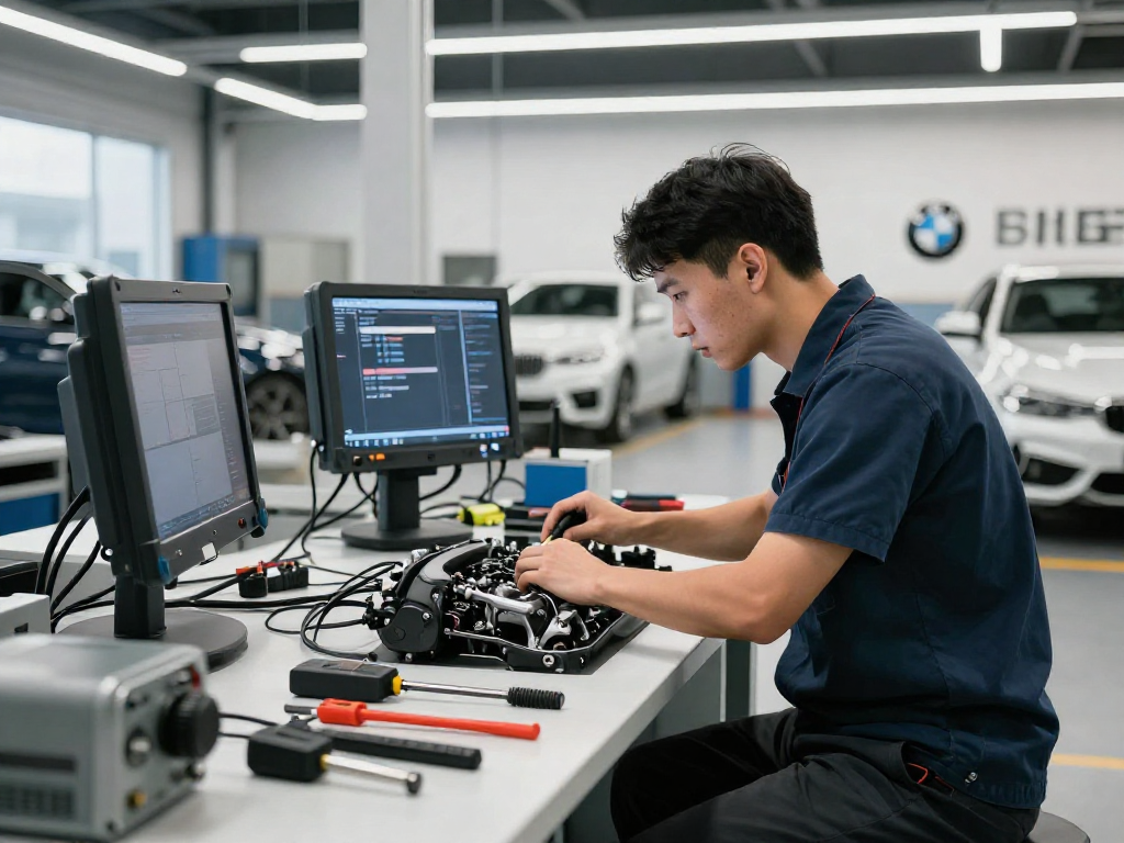 Professioneller Service in der BMW Werkstatt Hannover, Mechaniker arbeitet an einem Motor mit modernem Equipment.