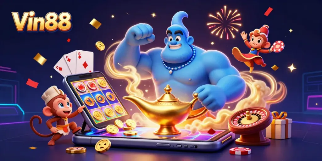 Engage in exciting gameplay with Vin88 as the genie and monkey celebrate wins and vibrant slot games.