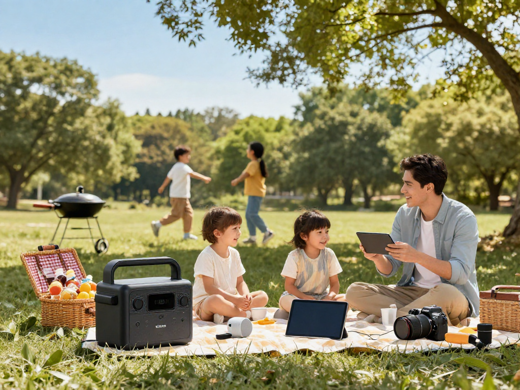 Family enjoying a picnic with a wholesale portable power station charging devices in the park.