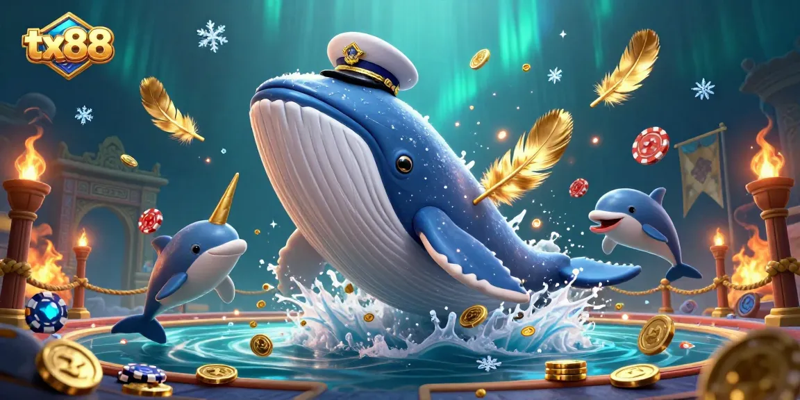 Experience tx88 excitement with a whale, narwhal, and dolphins amidst vibrant casino elements.