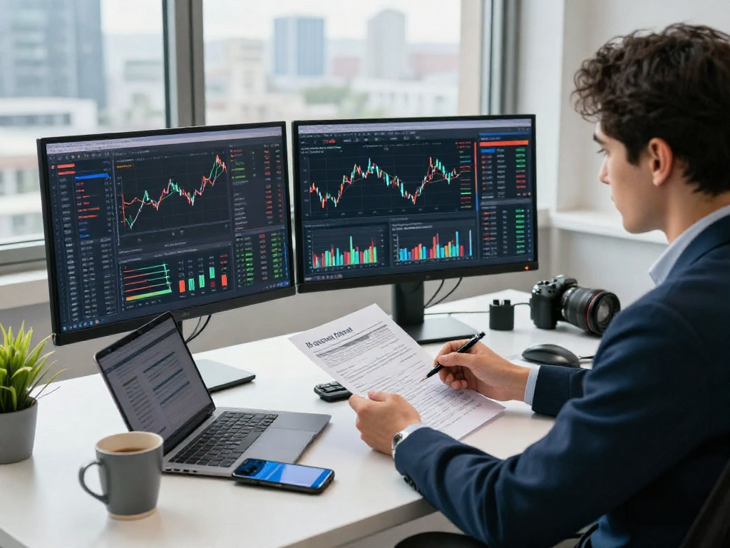 Financial analyst working with debet data in a modern office setting.