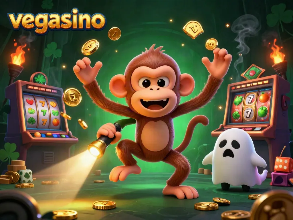 Engage with the playful vegasino poltergeist monkey juggling gold in a haunted slots scene.