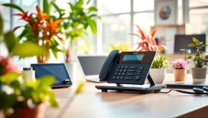 VoIP device in a modern home office promoting efficient communication.