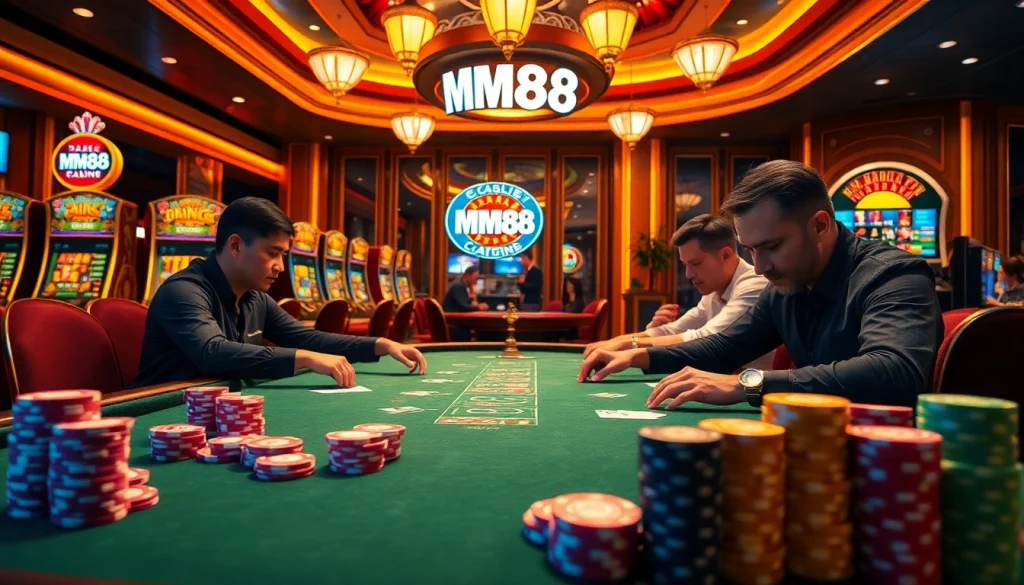 Engaged players at a MM88 poker table in a luxurious casino setting, showcasing excitement.