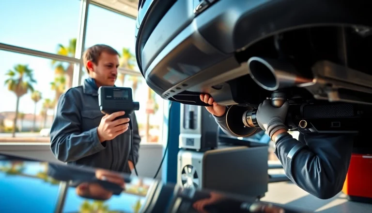 Technician conducting a California Smog Check on a vehicle in a sunny auto shop.