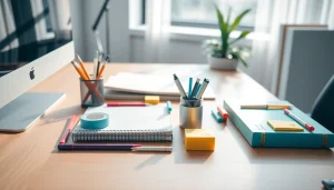 Explore office stationery supplies arranged on a modern desk for a productive workspace.