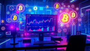 Biurko do handlu kryptowalutami z Bitcoin, Ethereum oraz wizualizacje zabezpieczeń portfela cyfrowego.