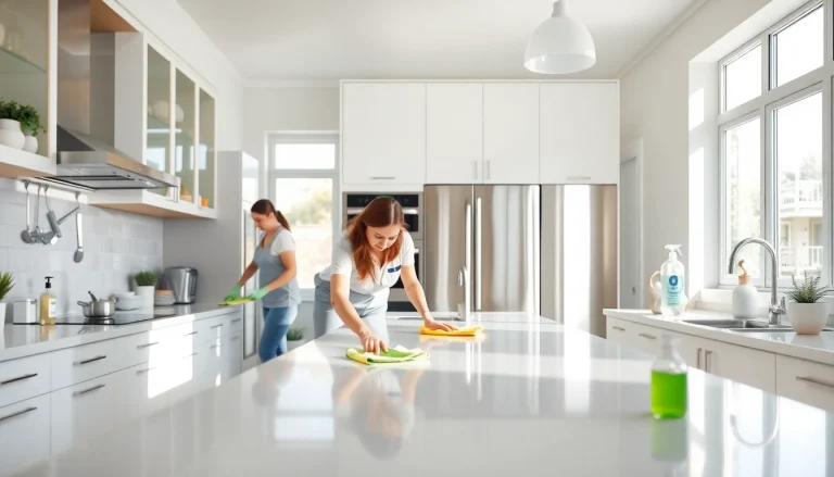 Efficient kitchen deep cleaning Dubai showcasing professionals sanitizing a bright, spotless kitchen space.