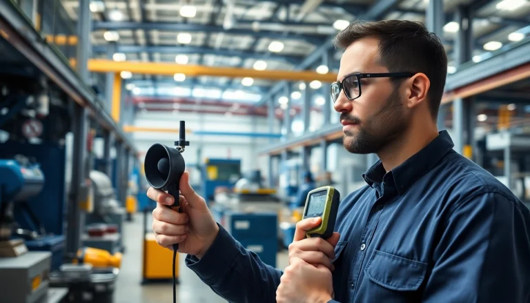 Conducting a noise assessment survey with a professional sound engineer evaluating workplace noise levels.