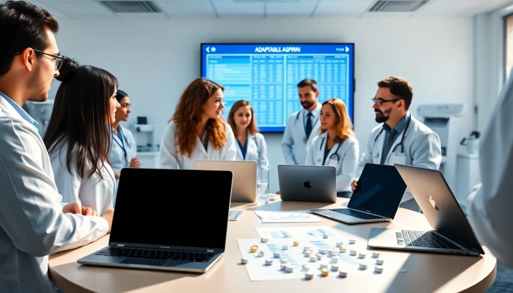 Research team analyzing the ADAPTABLE Aspirin Study data in a modern lab setting.