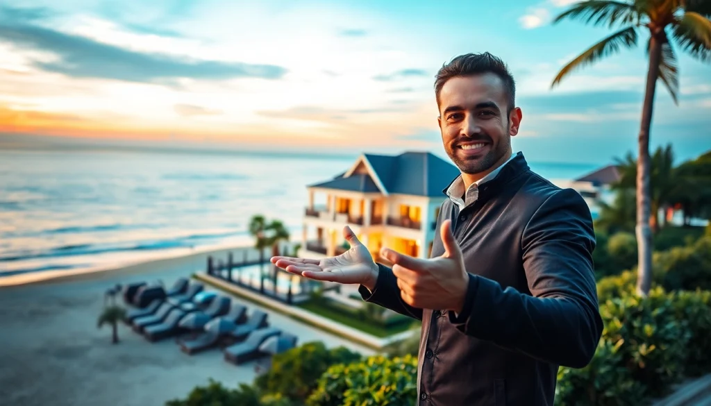 Pattaya property for sale presented by a real estate agent in a captivating beach setting during sunset.