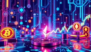 Cryptocurrency symbols and blockchain network visualization for secure and innovative trading