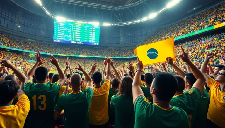 Fans celebrating sports betting in Brazil at a lively football stadium, showcasing excitement and community.