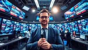 Engage with the latest business news updates while capturing the essence of a bustling newsroom.