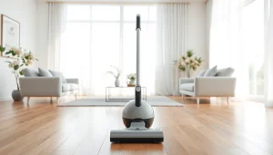 Vacuum elegantly positioned in a bright room, showcasing its design and efficiency.