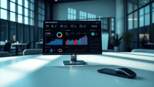 Visualize the innovative features of https://benchbot.ai through a dynamic analytics dashboard in a modern office