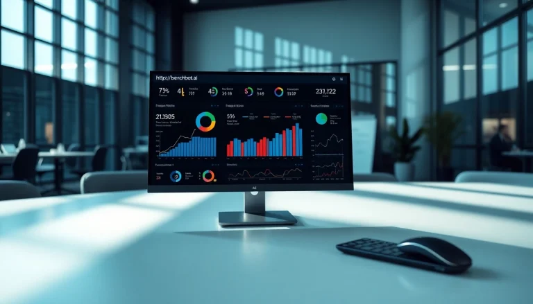 Visualize the innovative features of https://benchbot.ai through a dynamic analytics dashboard in a modern office