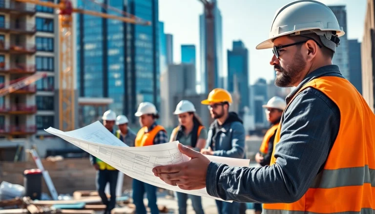 Engaging New York General Contractor supervising a bustling construction scene with a vibrant city backdrop.