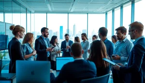 Engaging technology collaboration scene showcasing teamwork and innovation in a modern office setting.