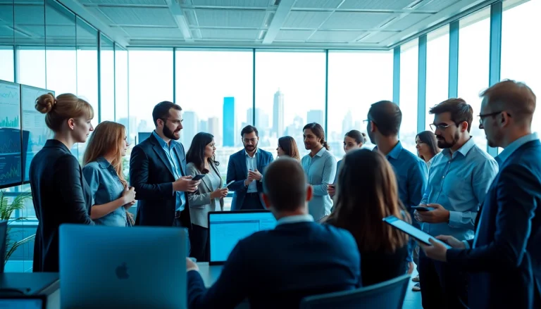 Engaging technology collaboration scene showcasing teamwork and innovation in a modern office setting.