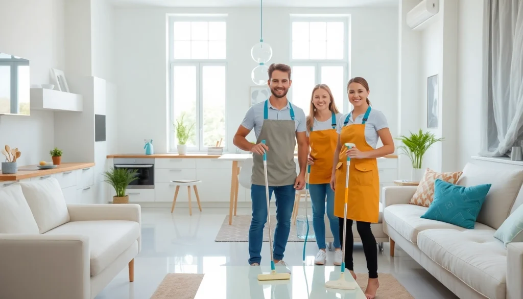 Efficient cleaning service team in action, showcasing a spotless kitchen and living room environment.