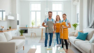 Efficient cleaning service team in action, showcasing a spotless kitchen and living room environment.