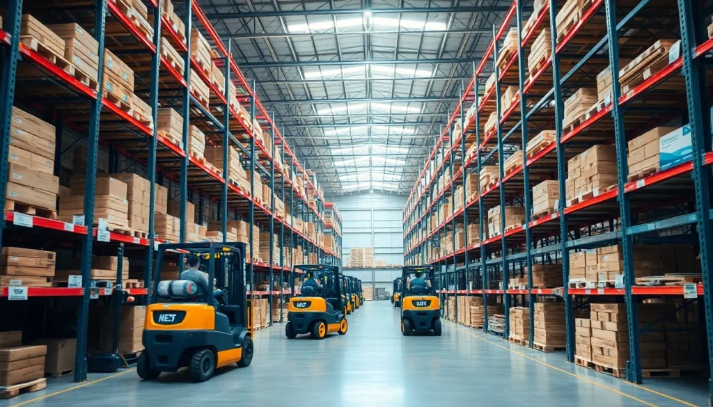 Organized warehousing facility with shelves, forklifts, and efficient storage solutions.