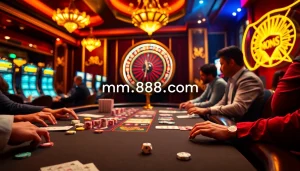 Experience high-stakes gaming at mm88 com, where players engage with poker chips and roulette in a virtual casino setting.
