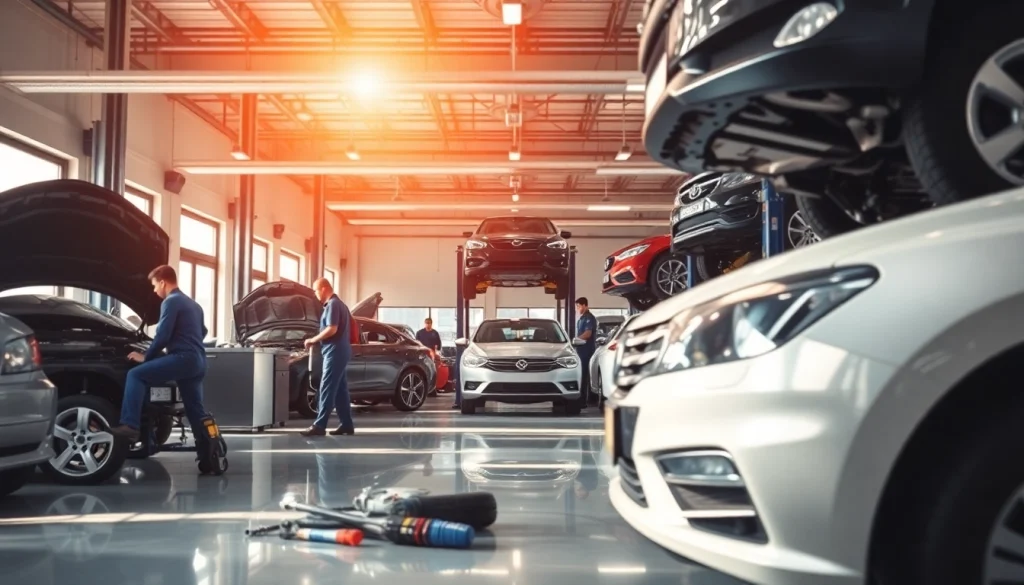 Begeisterte Mechaniker in der besten autowerkstatt in berlin zeigen handwerkliches Geschick.