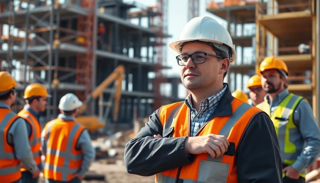 New Jersey Construction Manager supervising a bustling construction site with workers and machinery.