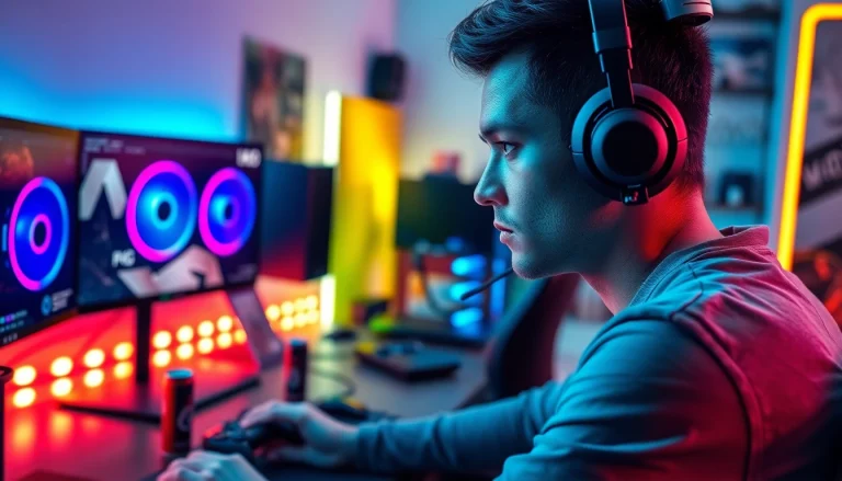 Engaged gamer at an impressive 79king gaming setup with vibrant lighting and sleek design.