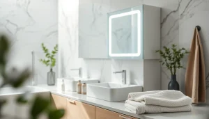 sonni Spiegelschrank in einem modernen Badezimmer mit eleganter LED-Beleuchtung und stilvollem Design.